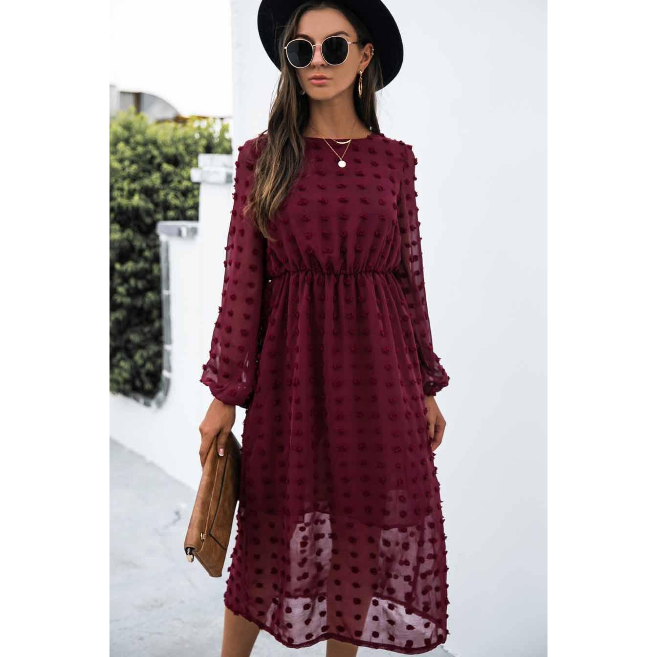 Burgundy Swiss Dot Midi Dress – Southern Bliss
