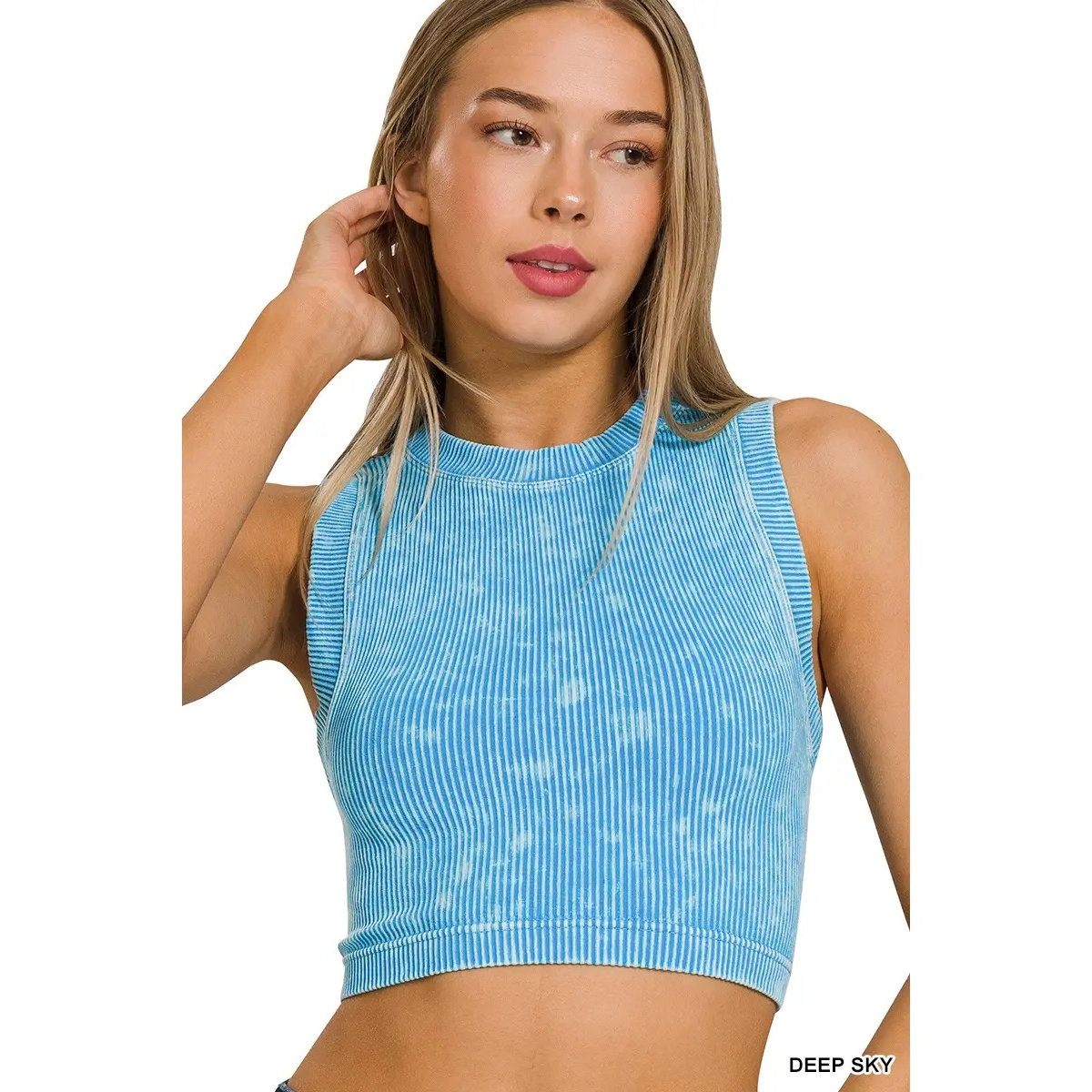 Zenana Ribbed Crop Sky Blue