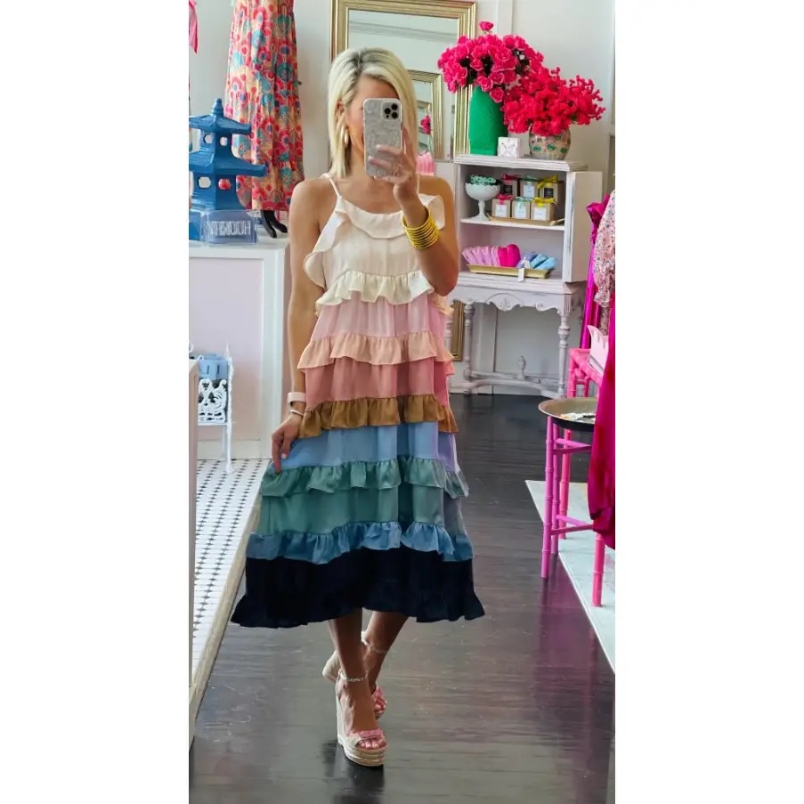 Pastel Ruffle Stripe Maxi Dress