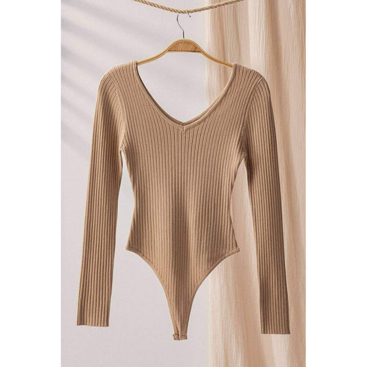 Taupe Basic Rib V-Neck Bodysuit
