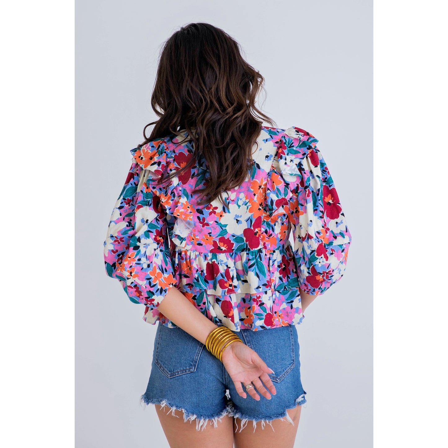 Multi Floral V-Neck Ruffle Top