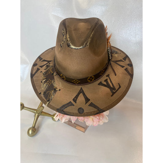 Upcycled Louis Vuitton Hat Chocolate with Orange Feather A
