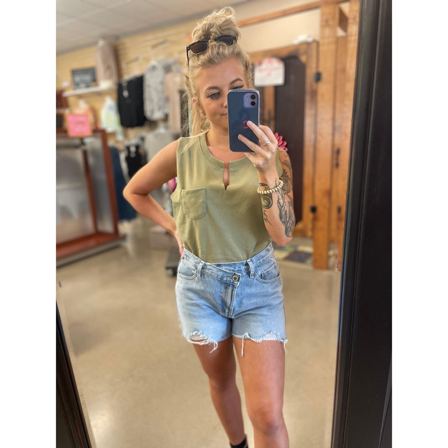 Raw Hem Bodysuit in Olive