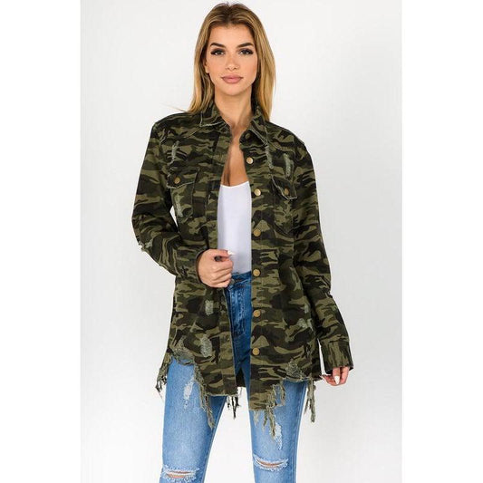Curvy Camo Distressed Denim Shirt Jacket