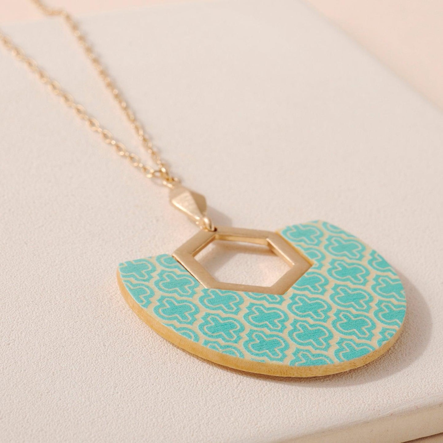 Fan Shaped Wood Necklace in Mint