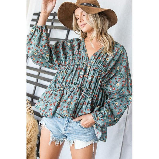 Floral Teal Pleating Top