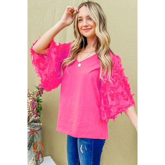 Feather Detail Slub Top in Fuchsia