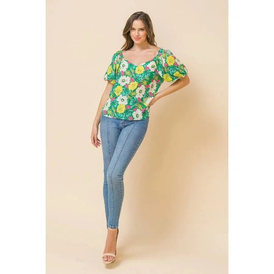 Green Floral Print Woven Top