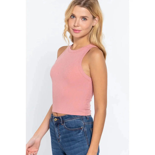 Fitted Halter Rib Tank in Petal Pink