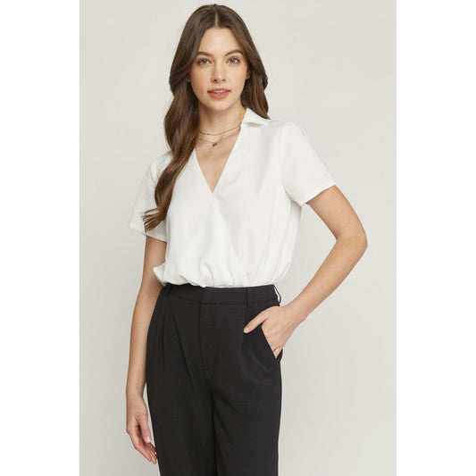 Collard White V-Neck bodysuit