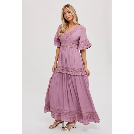 V-Neck Lace Trim Maxi Lavendar