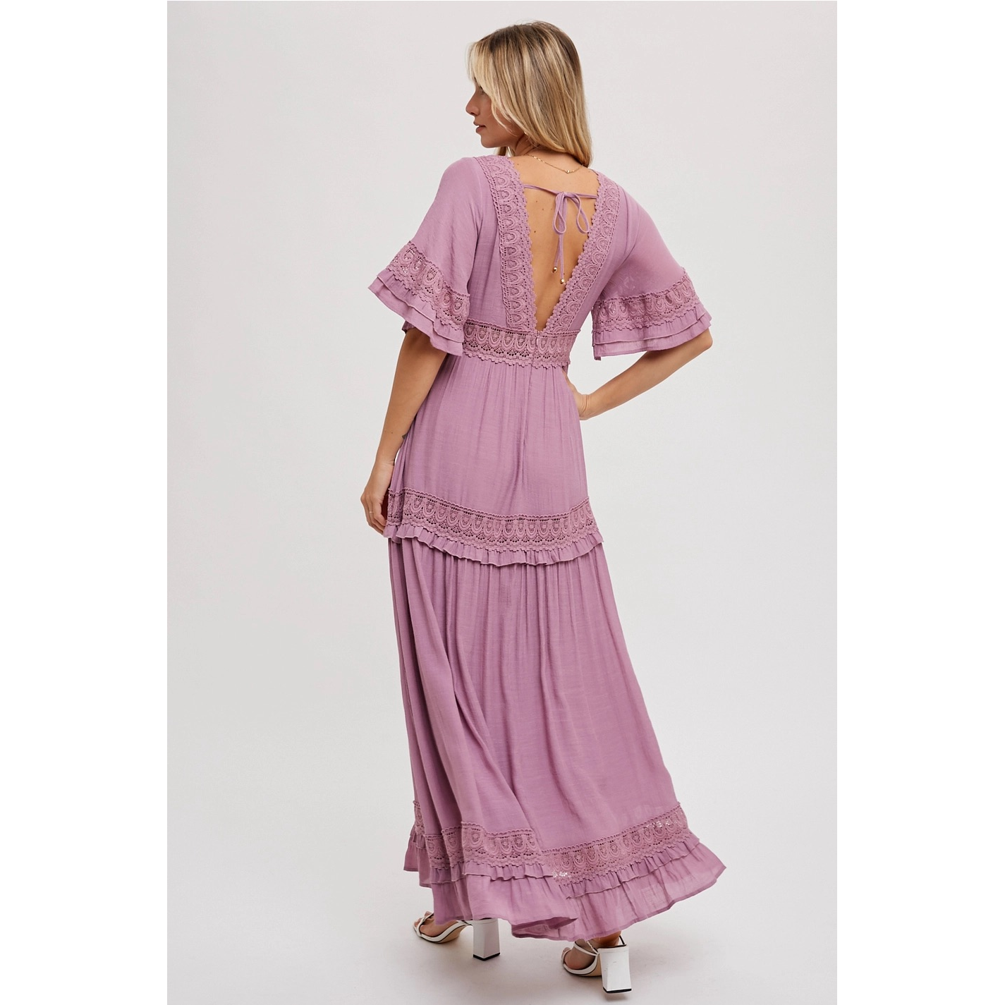 V-Neck Lace Trim Maxi Lavendar