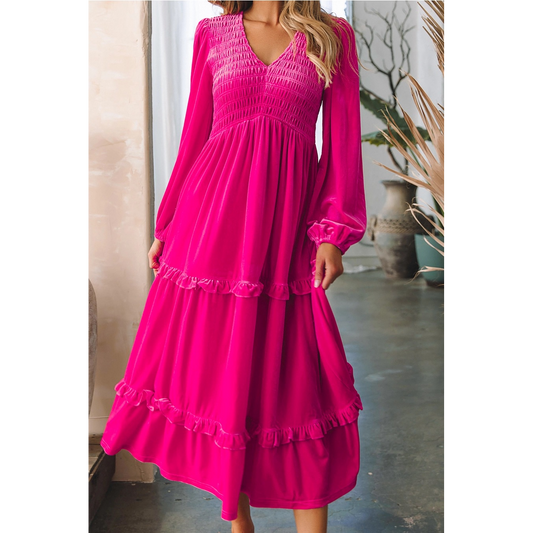 Hot Pink Crushed Velvet Maxi Dress