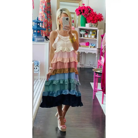 Pastel Ruffle Stripe Maxi Dress