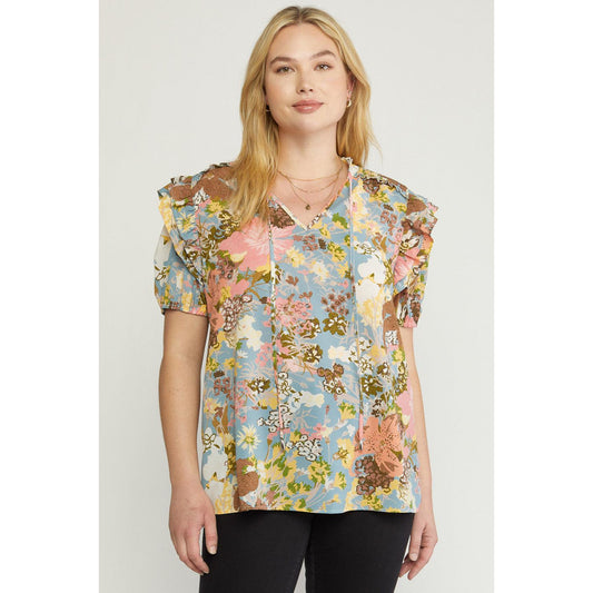 Floral Tie Neck Top in Dusty Blue