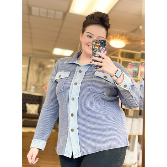 Let's Talk Slate Button Down Top