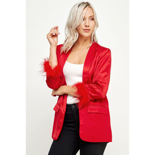Feather Trim Boyfriend Satin Blazer