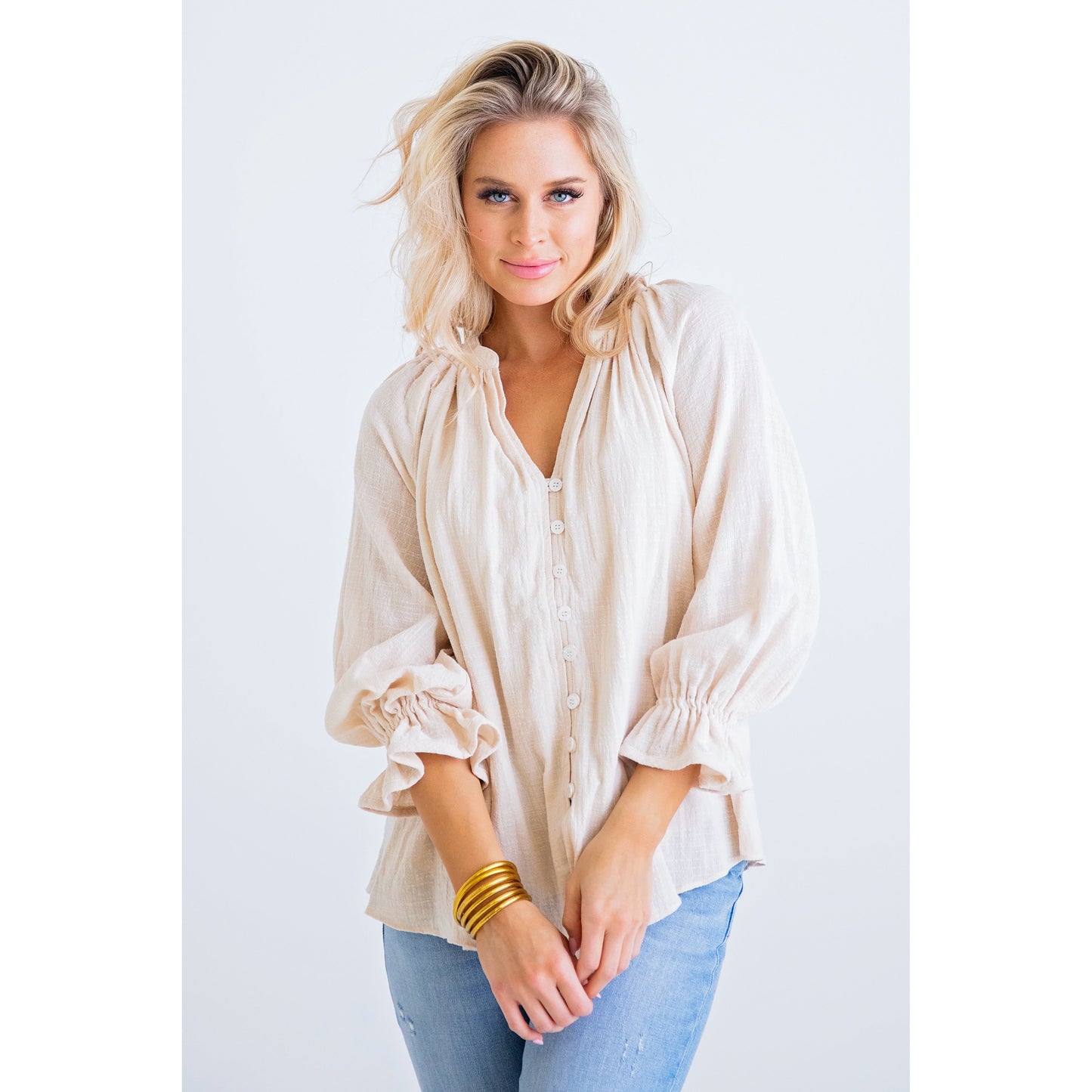 Solid Ivory V-Neck Linen Button Top