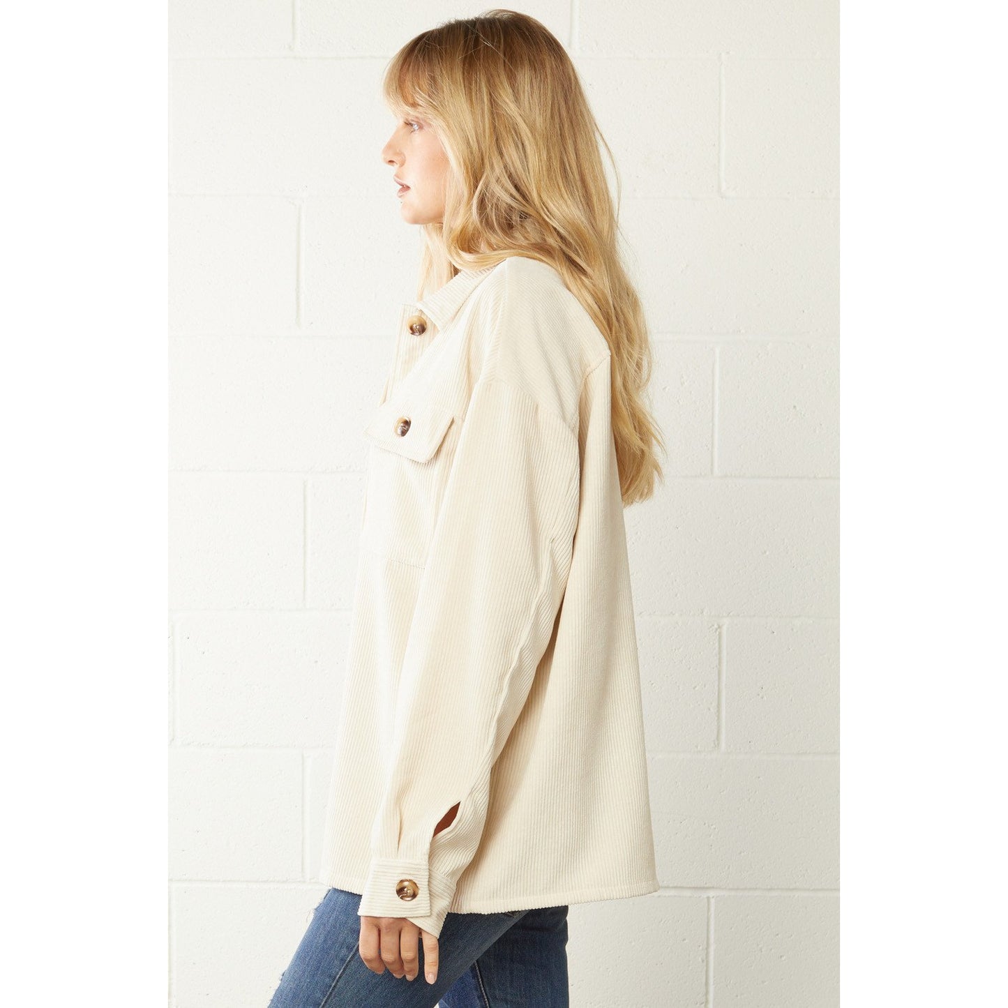 Solid Natural Corduroy Button Front Top