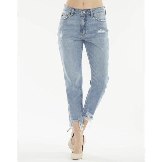 Our "Bomb Mom" jeans are a light wash and have a 10.5" rise and a 26"inseam. Right on trend for fall with slight deconstruction detail.