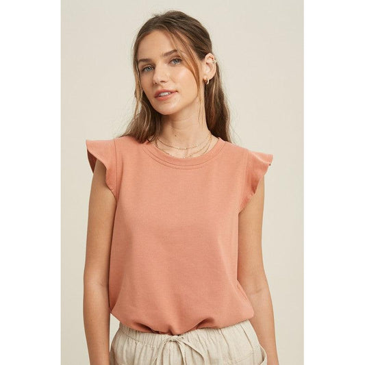 French Terry Ruffle Sleeve Bodysuit in Clay