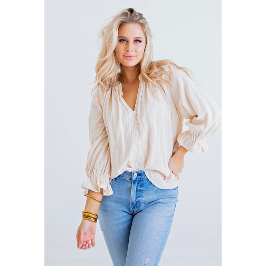 Solid Ivory V-Neck Linen Button Top