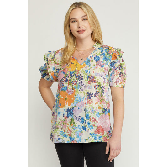 Floral Tie Neck Top in Cream