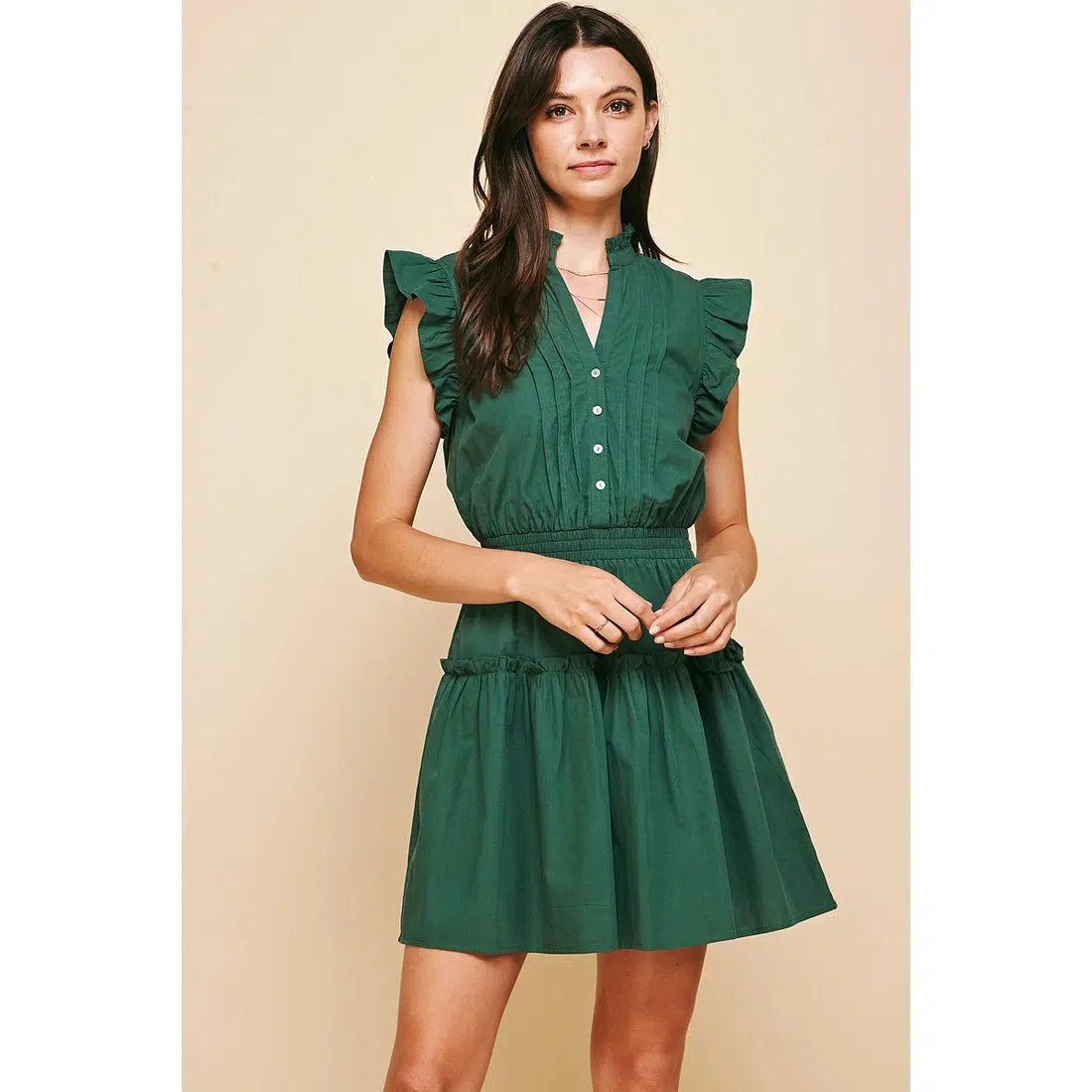 Pleated Green Ruffle Mini Dress S