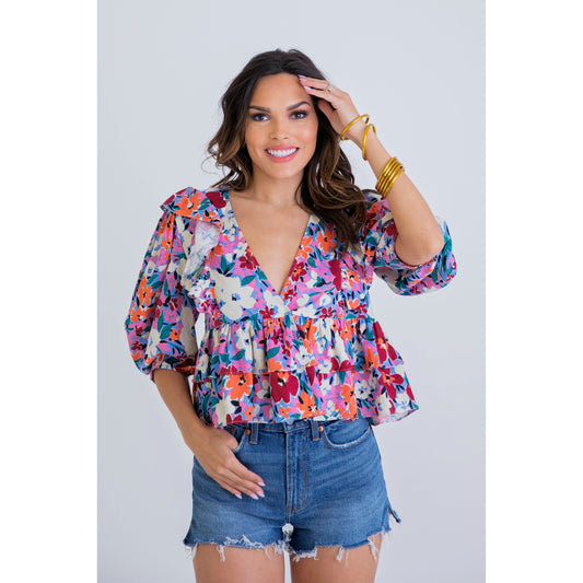 Multi Floral V-Neck Ruffle Top