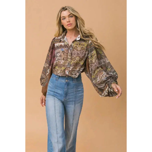 Multi print button up in ivory