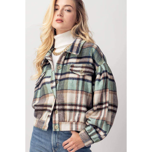 Mint Plaid Flannel Button Down Jacket
