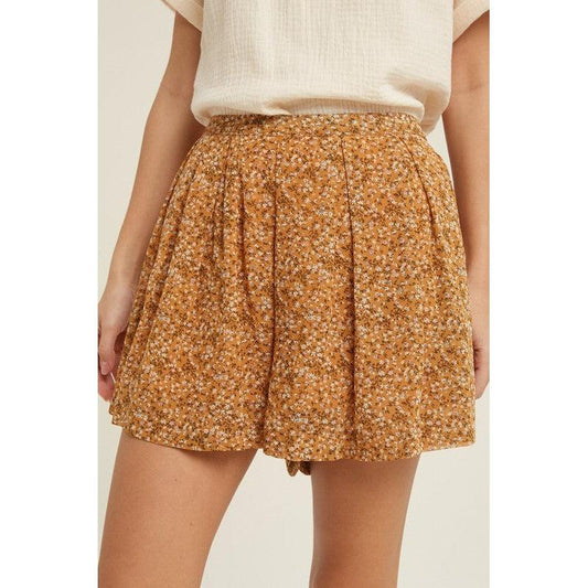 Floral Print Pleated Shorts in Mustard