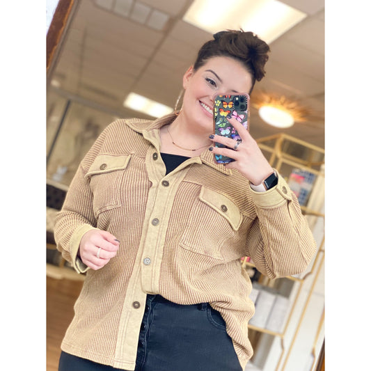 Let's Talk Mocha Button Down Top