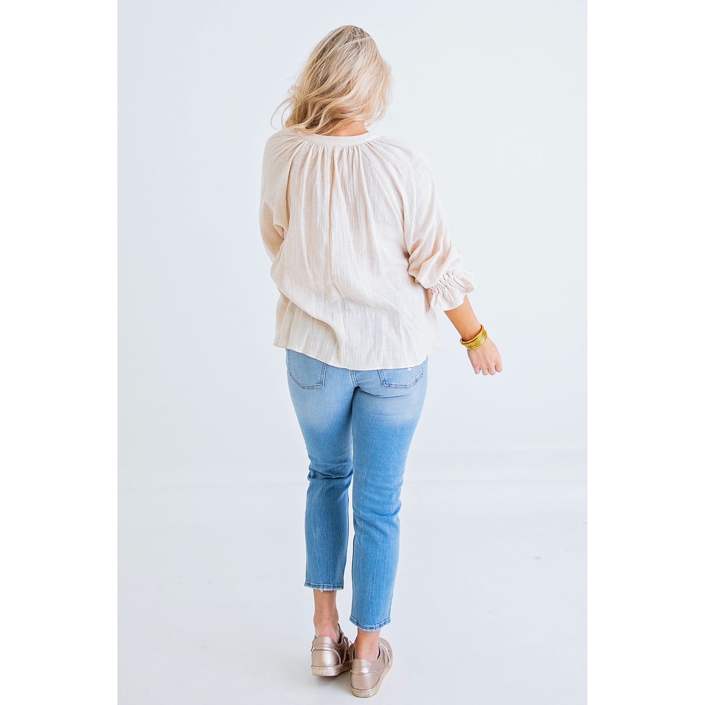 Solid Ivory V-Neck Linen Button Top