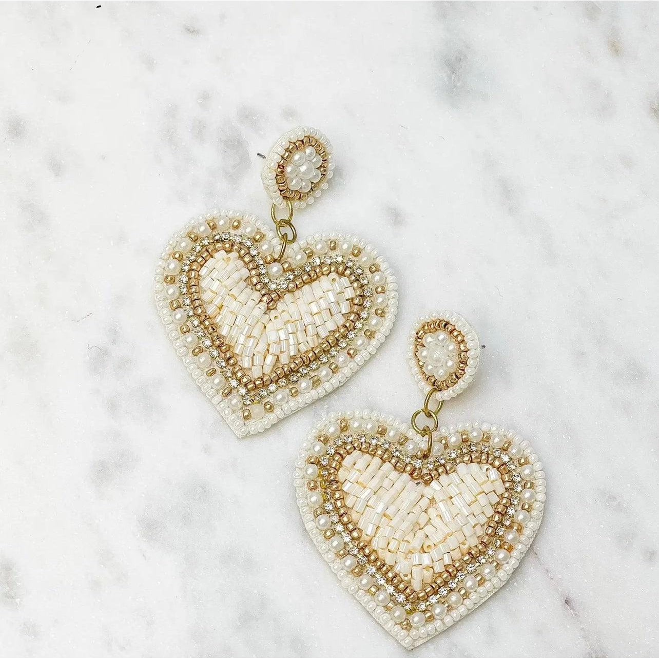 Rhinestone & Pearl Beaded Heart Earrings In Ivory