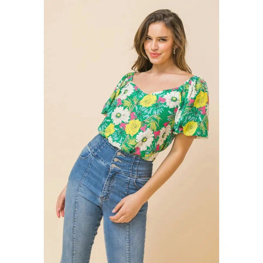 Green Floral Print Woven Top