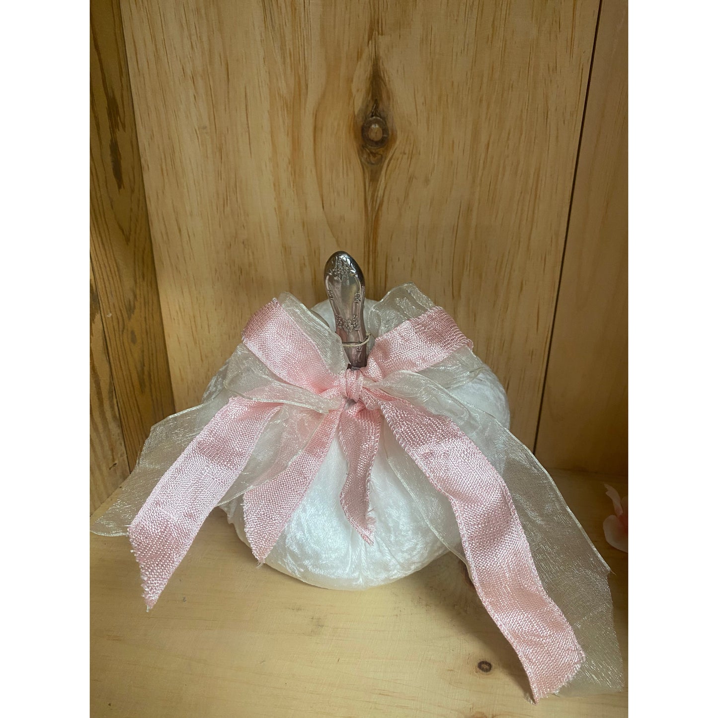 One of Kind White Velvet Pumpkin with Pink Bow Medium