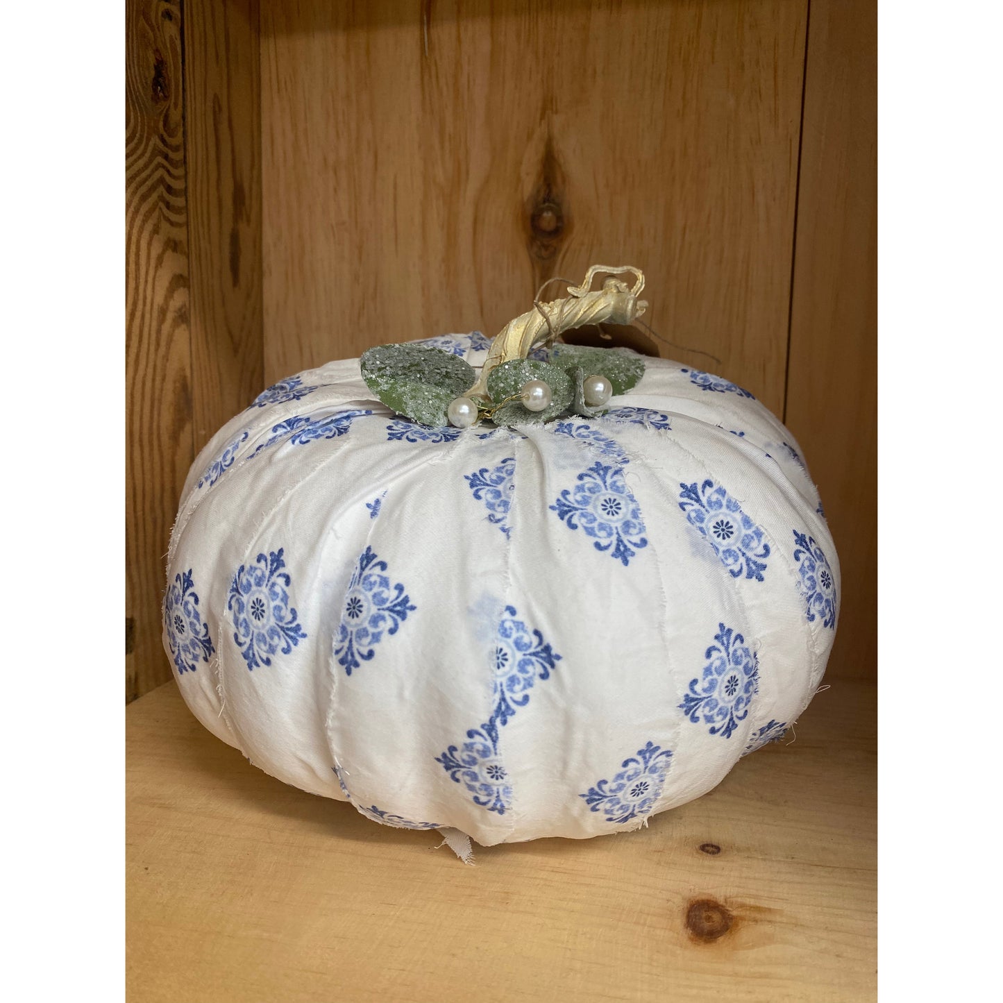 One of a Kind Fabric Decoupage Pumpkin Diamond pattern with Green Leaves Large A