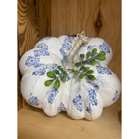 One of a Kind Fabric Decoupage Pumpkin Diamond Pattern with Green Leaves Medium B
