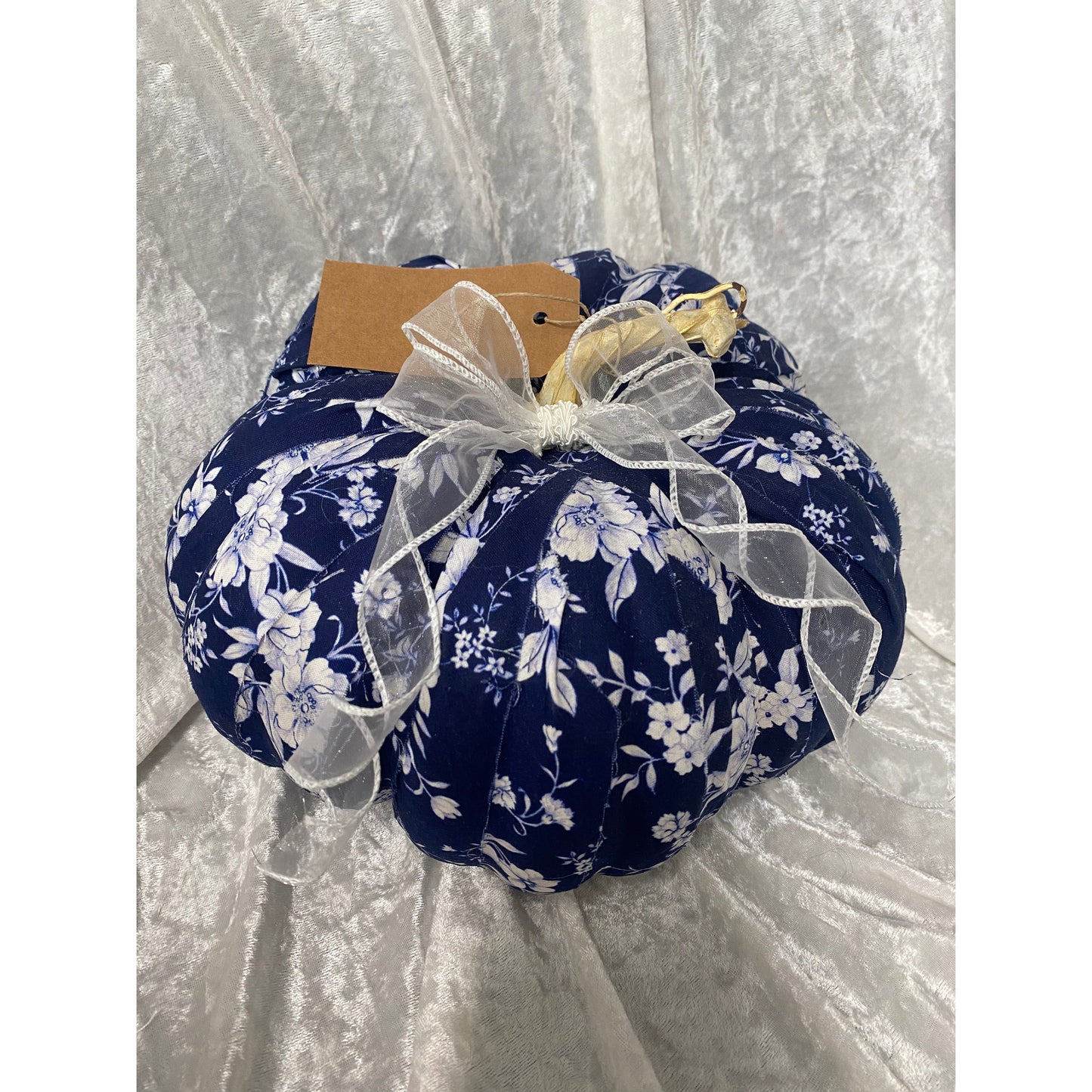 One of a Kind Fabric Decoupage Pumpkin in Dark Chinoiserie with White Bow Large A