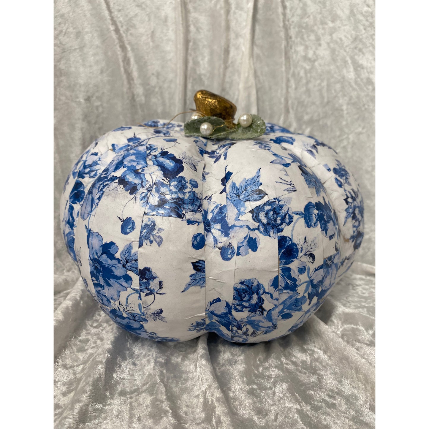 One of a Kind Paper Mache Pumpkin with Green Leaves Large A