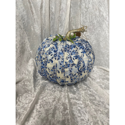 One of a Kind Fabric Decoupage Pumpkin in Light Chinoiserie with Green Leaves Medium A