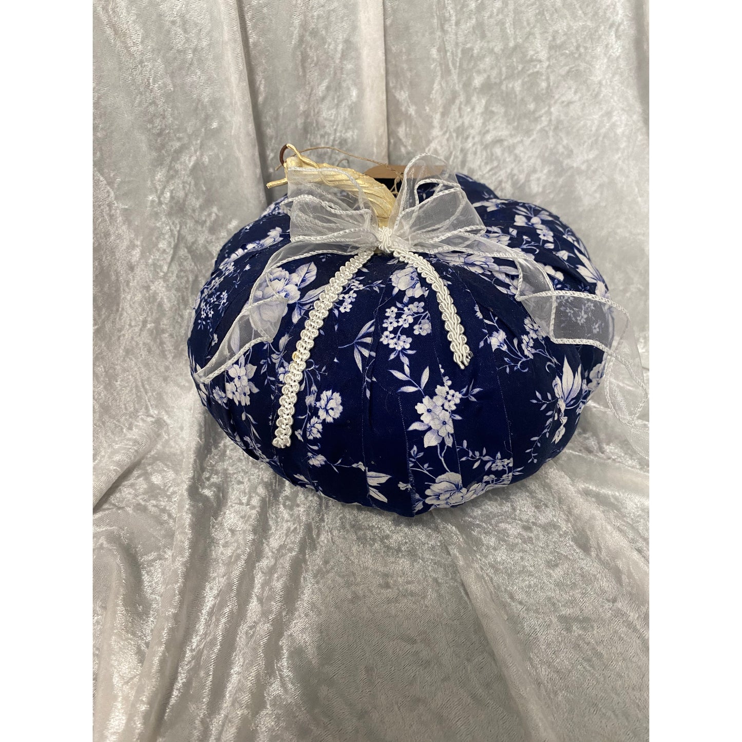 One of a Kind Fabric Decoupage Pumpkin in Dark Chinoiserie with White Bow Medium A
