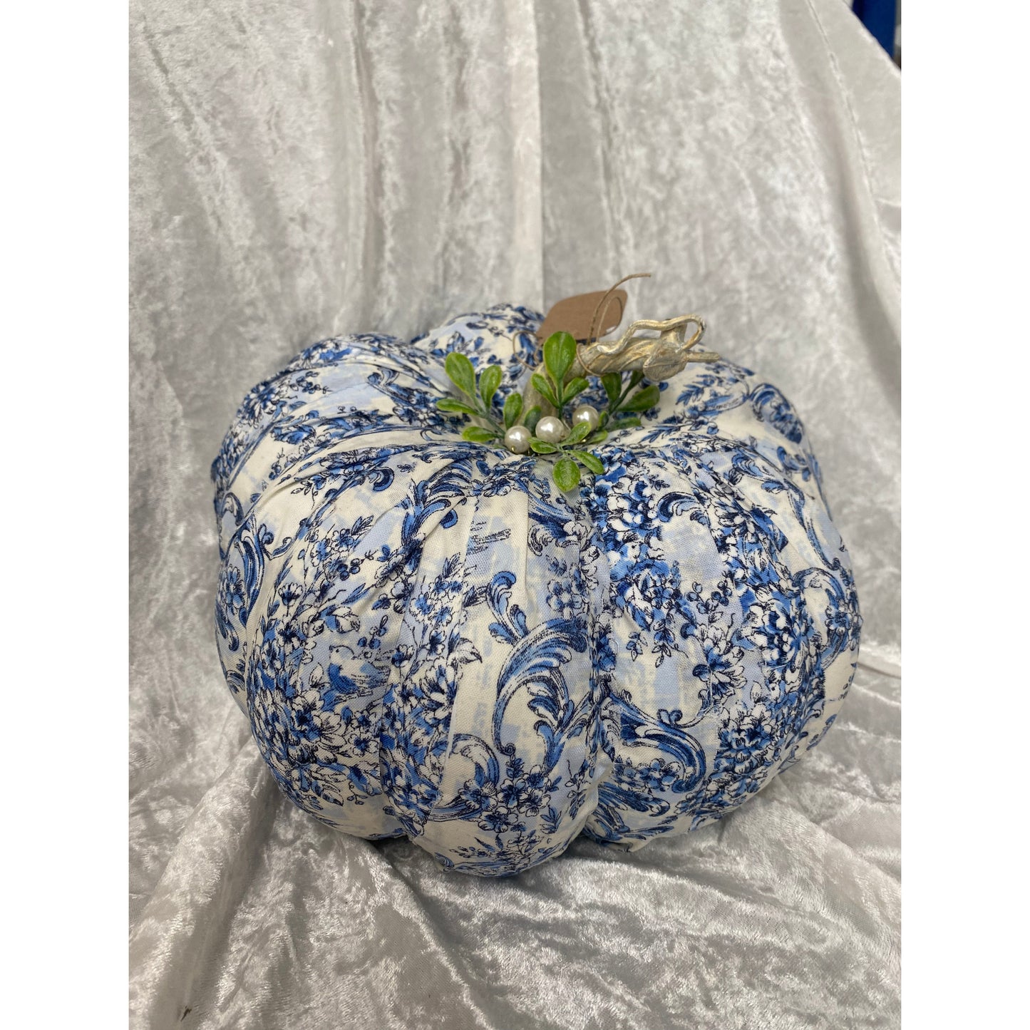 One of a Kind Fabric Decoupage Pumpkin in Light Chinoiserie with Green Leaves Large A