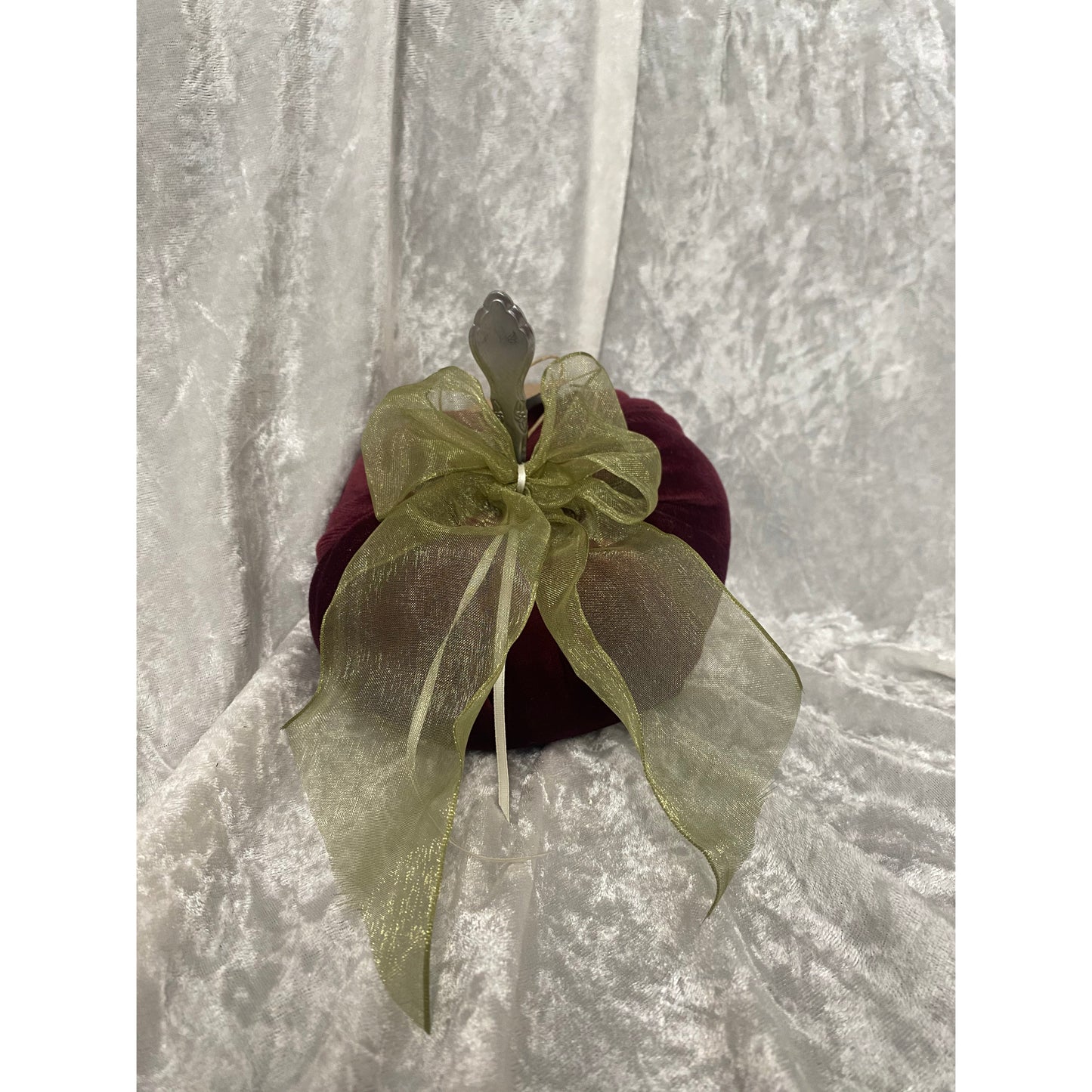 One of Kind Plum Velvet Pumpkin with Green Bow Small
