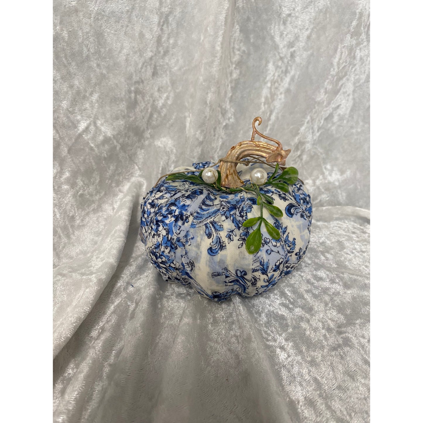 One of a Kind Fabric Decoupage Pumpkin in Light Chinoiserie with Green Leaves Mini A