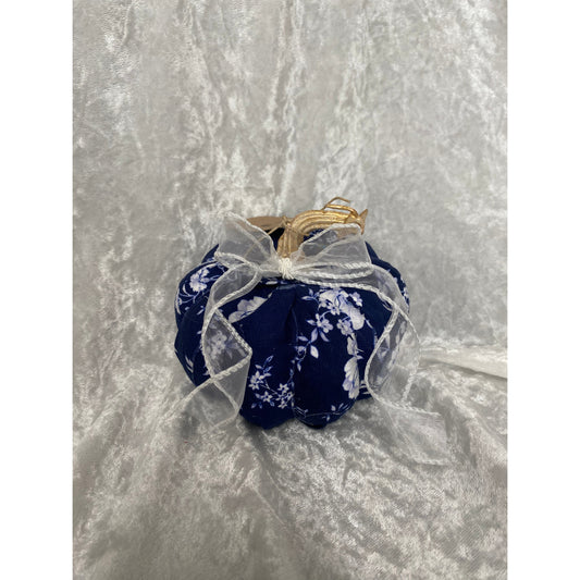 One of a Kind Fabric Decoupage Pumpkin in Dark Chinoiserie with White Bow mini A