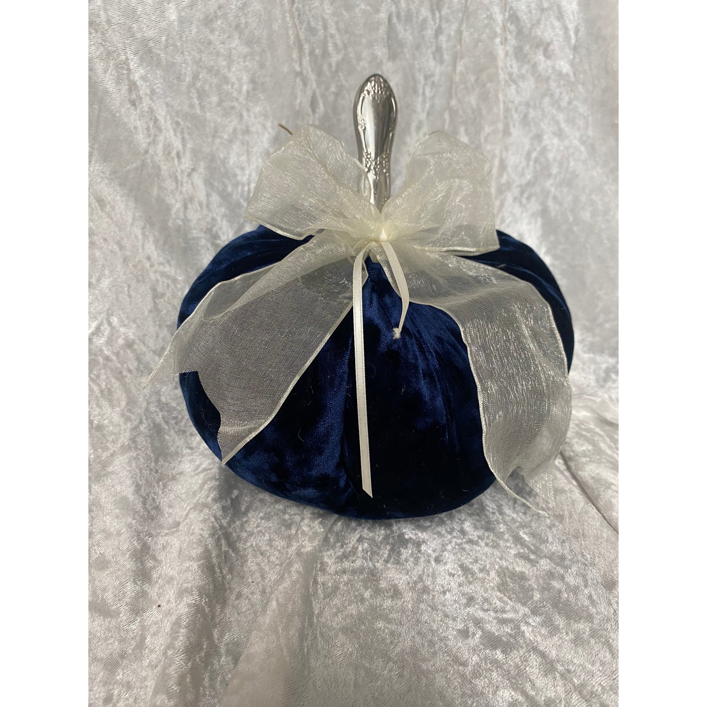 One of Kind Blue Velvet Pumpkin with White Bow Large