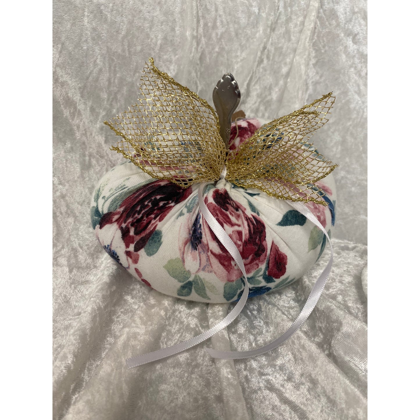 One of Kind Printed Velvet Pumpkin with Gold Bow Medium