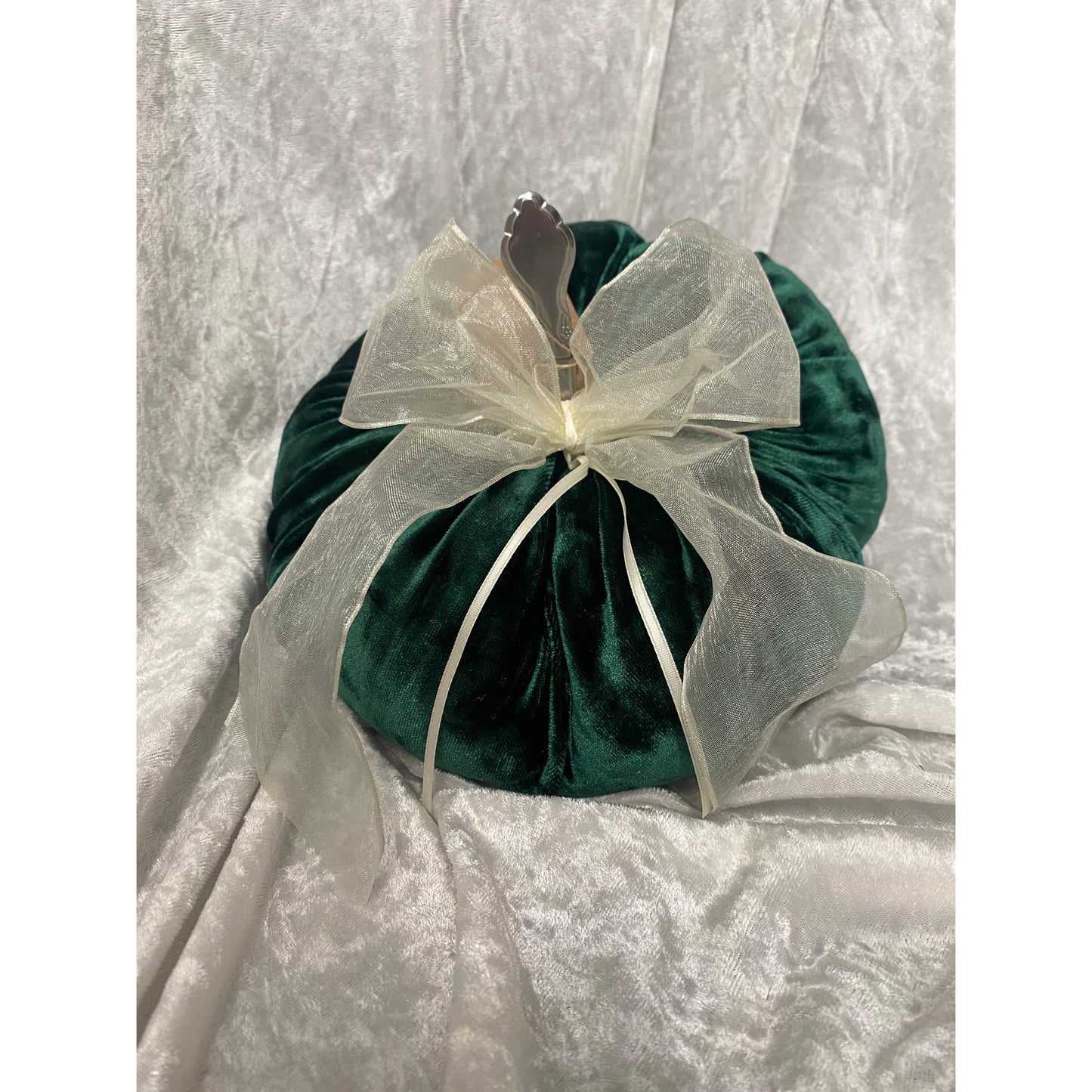 One of Kind Green Velvet Pumpkin with White Bow Large